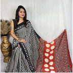 Generic Women's Satin Printed Saree With Unstitched Blouse 5.5Mtr (Black)