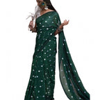 Generic Women's Linen Printed Saree With Unstitched Blouse 5.5Mtr (Green)