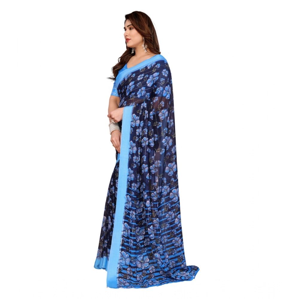 Generic Women's Georgette Printed Saree With Unstitched Blouse 5.5Mtr (Blue)