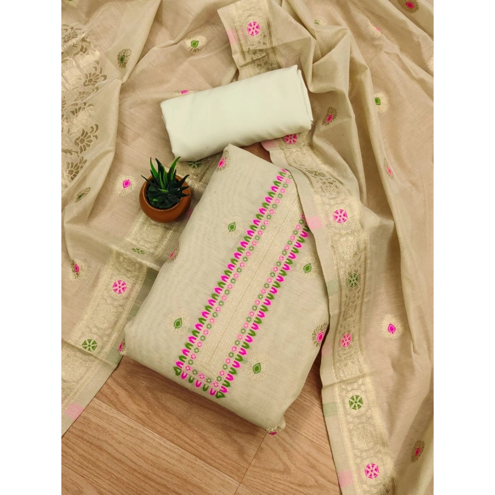 Generic Women's Banarasi Silk Printed Unstitched Salwar Suit Material With Dupatta (Cream, 3Mtrs)