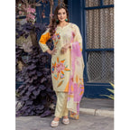 Generic Women's Cotton Blend Printed Kurti With Pant Dupatta Set (Cream)