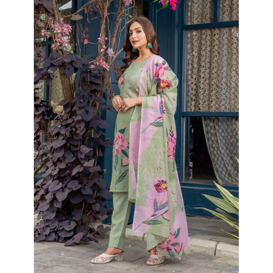 Generic Women's Cotton Blend Printed Kurti With Pant Dupatta Set (Mehendi)