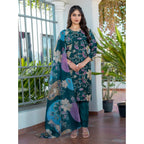 Generic Women's Cotton Blend Printed Kurti With Pant Dupatta Set (Rama)