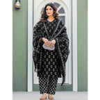Generic Women's Cotton Blend Printed Kurti With Pant Dupatta Set (Black)