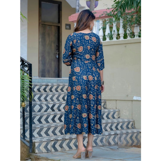 Generic Women's Rayon Print With Embroidery Work A-Line Kurti (Navy Blue)