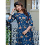 Generic Women's Rayon Print With Embroidery Work A-Line Kurti (Navy Blue)