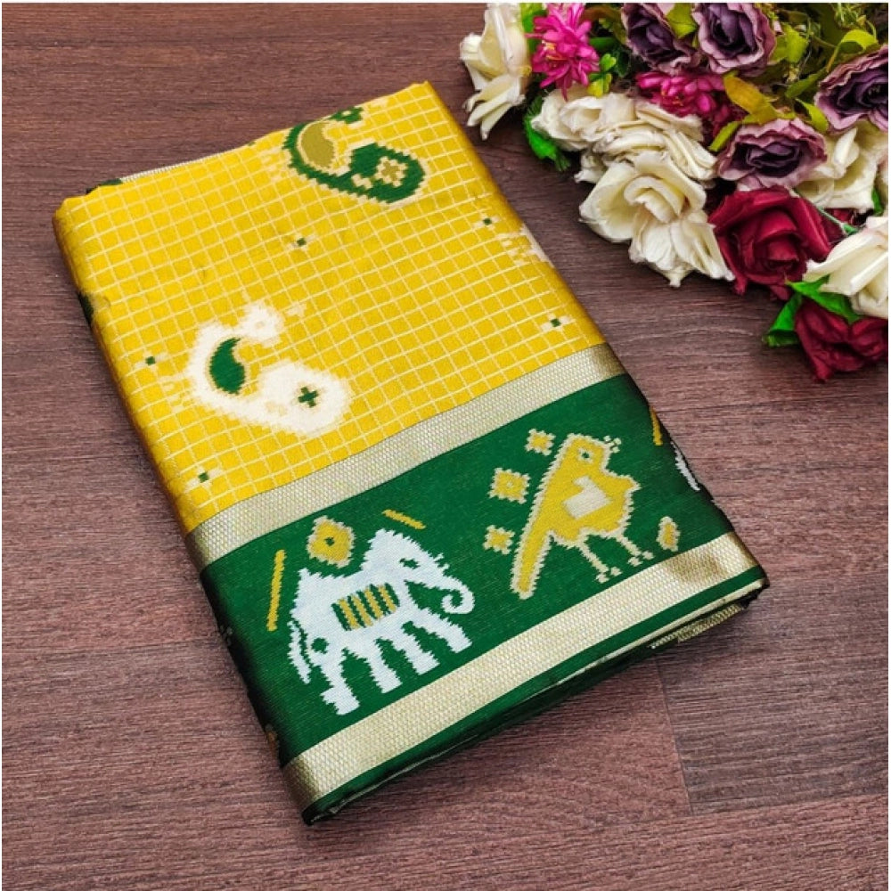 Generic Women's Soft Litchi Silk Jacquard Work Saree With Unstitched Blouse 5.5Mtr (Yellow-Green)