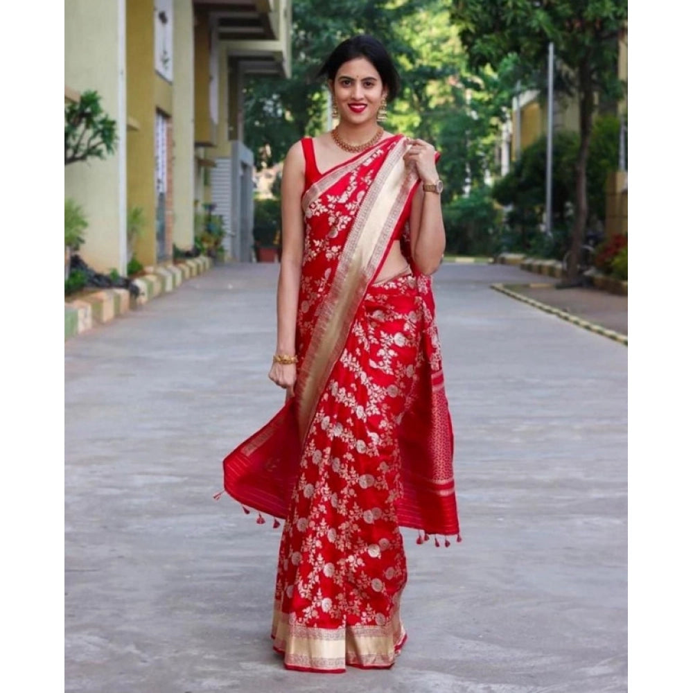 Generic Women's Soft Lichi Silk Printed Saree With Unstitched Blouse 5.5Mtr (Red)