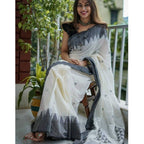 Generic Women's Soft Lilan Printed Saree With Unstitched Blouse 5.5Mtr (White-Black)