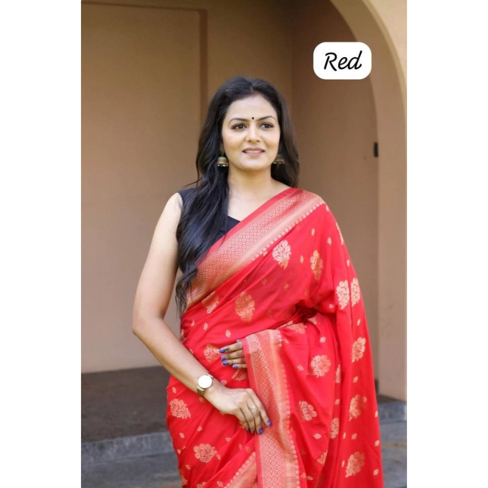 Generic Women's Soft Lichi Silk Printed Saree With Unstitched Blouse 5.5Mtr (Red)