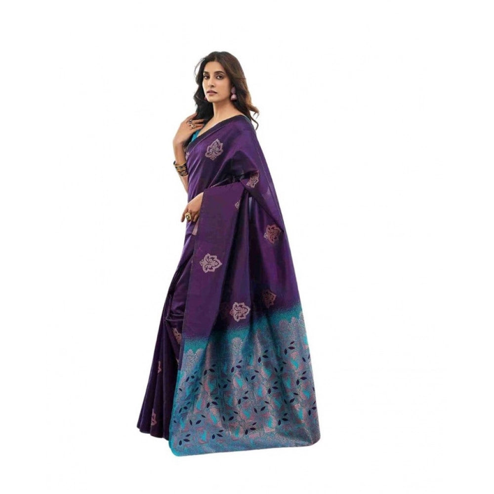 Generic Women's Soft Lichi Silk Printed Saree With Unstitched Blouse 5.5Mtr (Blue)