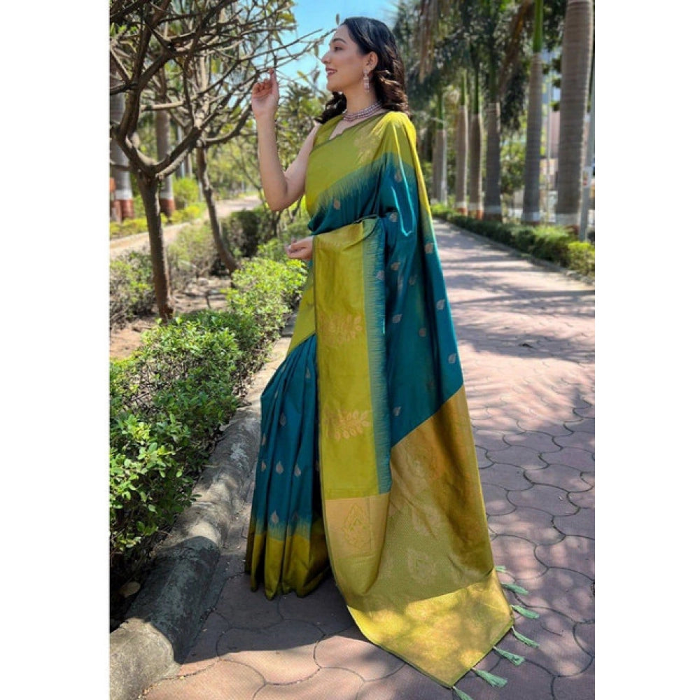 Generic Women's Soft Lichi Silk Printed Saree With Unstitched Blouse 5.5Mtr (Green)