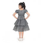 Generic Girl's Artificial Silk Striped Short Sleeve V Neck Dress (Grey)