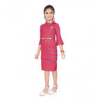 Generic Girl's Knitted Printed 3/4 th Sleeve Close Neck Dress (Pink)