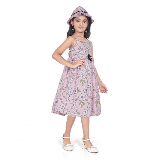 Generic Girl's Cotton Printed Sleeve Less Round Neck Dress (Pink)