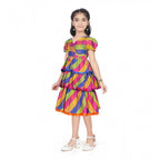 Generic Girl's Taffeta Silk Striped Short Sleeve V Neck Dress (Multicolor)