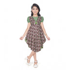 Generic Girl's Twill Printed Short Sleeve Round Neck Dress (Green)