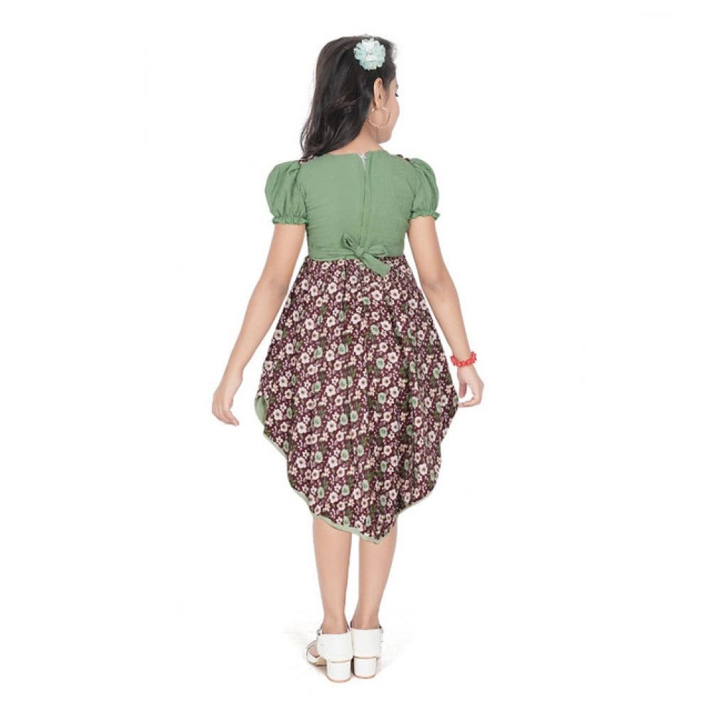 Generic Girl's Twill Printed Short Sleeve Round Neck Dress (Green)