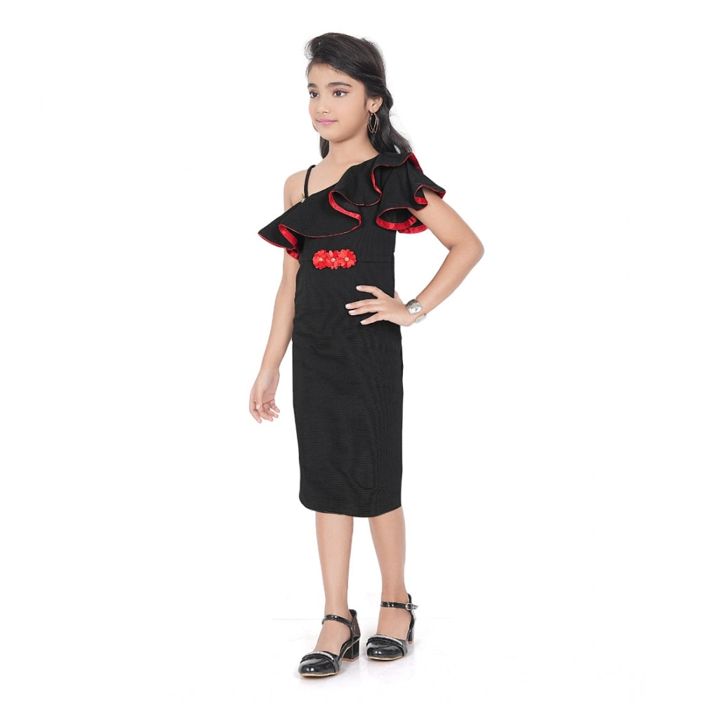 Generic Girl's Knitted Soild Sleeve Less Off Shoulder Dress (Black)