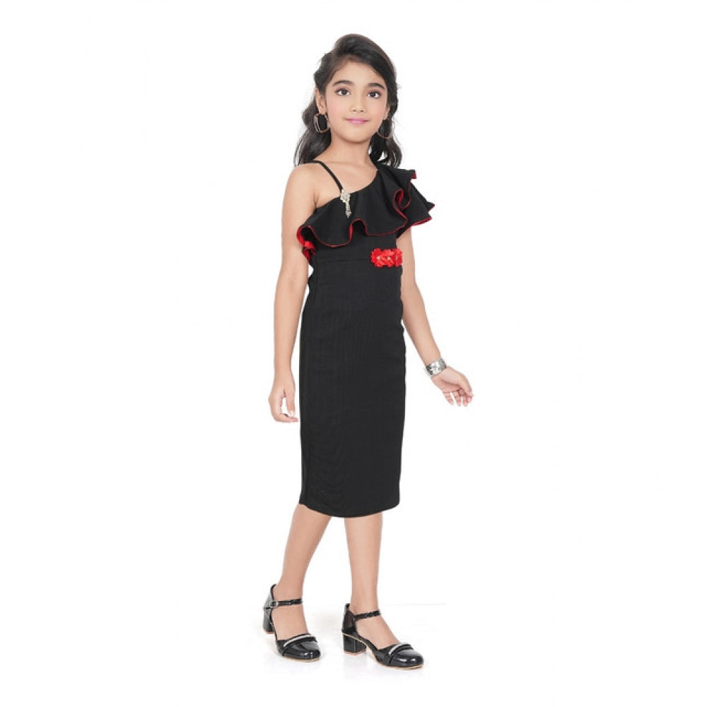 Generic Girl's Knitted Soild Sleeve Less Off Shoulder Dress (Black)