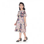 Generic Girl's Shiffon Printed Half Sleeve Round Neck Dress (Peach)