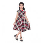 Generic Girl's Lycra Checks Striped Short Sleeve Round Neck Dress (Pink)
