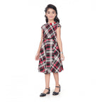 Generic Girl's Lycra Checks Striped Short Sleeve Round Neck Dress (Pink)