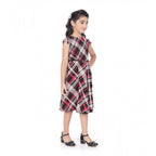 Generic Girl's Lycra Checks Striped Short Sleeve Round Neck Dress (Pink)