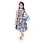 Generic Girl's Satin Printed Sleeve Less Round Neck Dress (Sea Green)