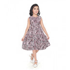 Generic Girl's Digital Slub Printed Sleeve Less Round Neck Dress (Brown)