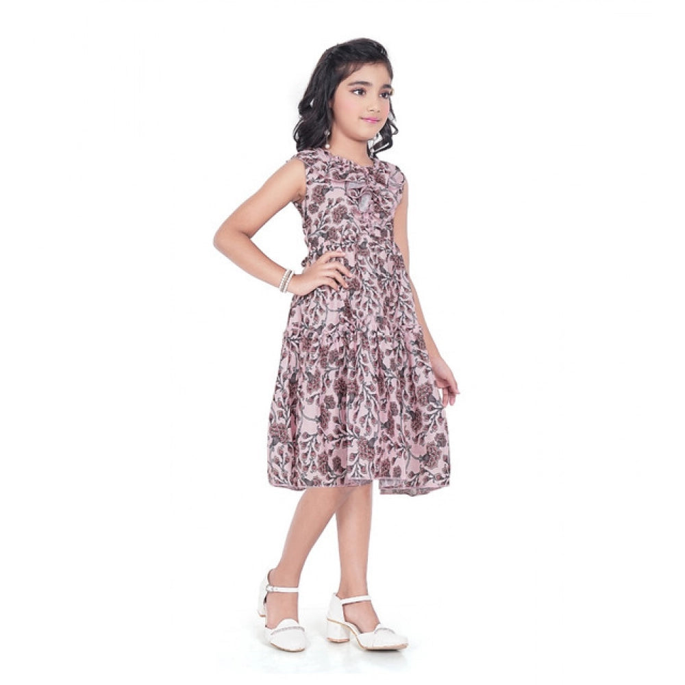 Generic Girl's Digital Slub Printed Sleeve Less Round Neck Dress (Brown)