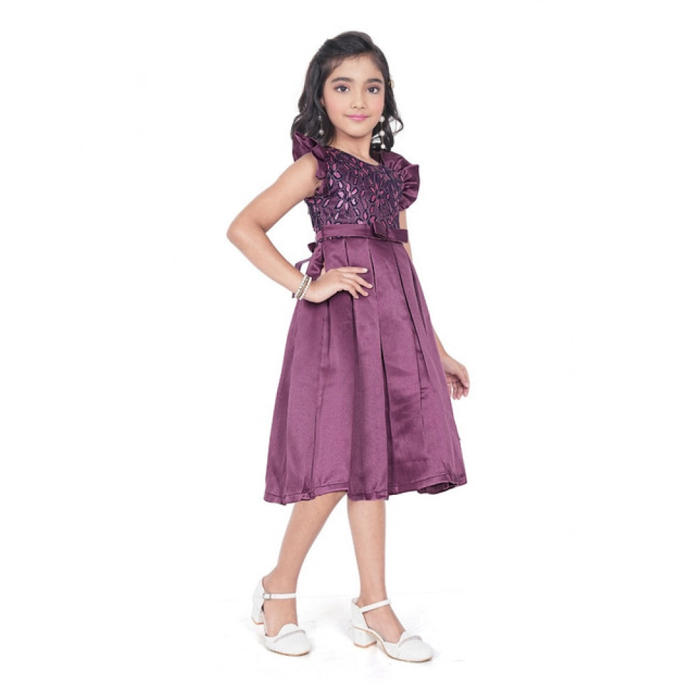 Generic Girl's Satin Printed Sleeve Less Round Neck Dress (Purple)