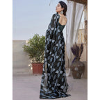 Generic Women's Chiffon Printed Saree With Unstitched Blouse 5.5Mtr (Black)