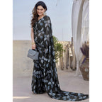 Generic Women's Chiffon Printed Saree With Unstitched Blouse 5.5Mtr (Black)