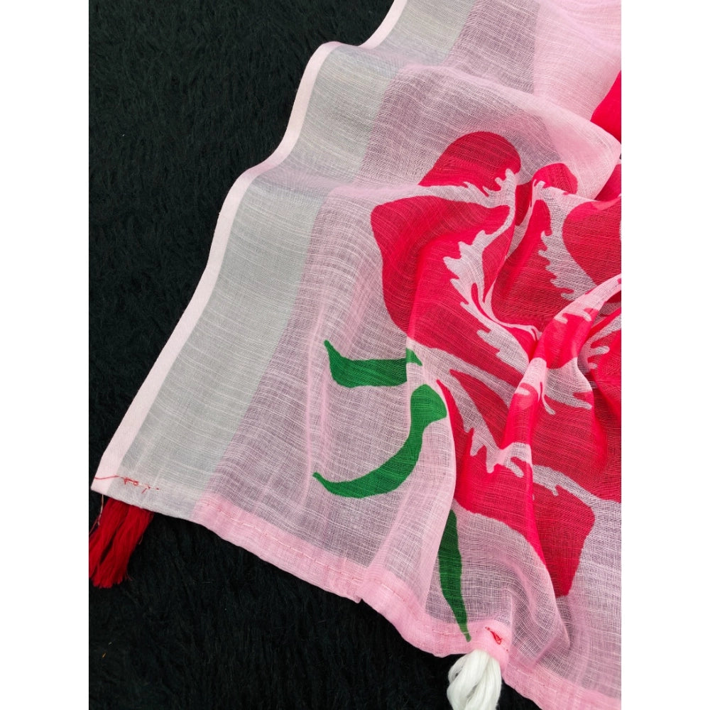 Generic Women's Linen Cotton  Printed Saree With Unstitched Blouse 5.5Mtr (Pink)