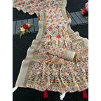 Generic Women's Linen Cotton  Printed Saree With Unstitched Blouse 5.5Mtr (Cream)