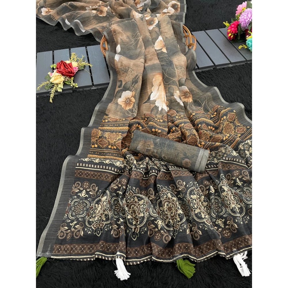 Generic Women's Linen Cotton  Printed Saree With Unstitched Blouse 5.5Mtr (Beige)