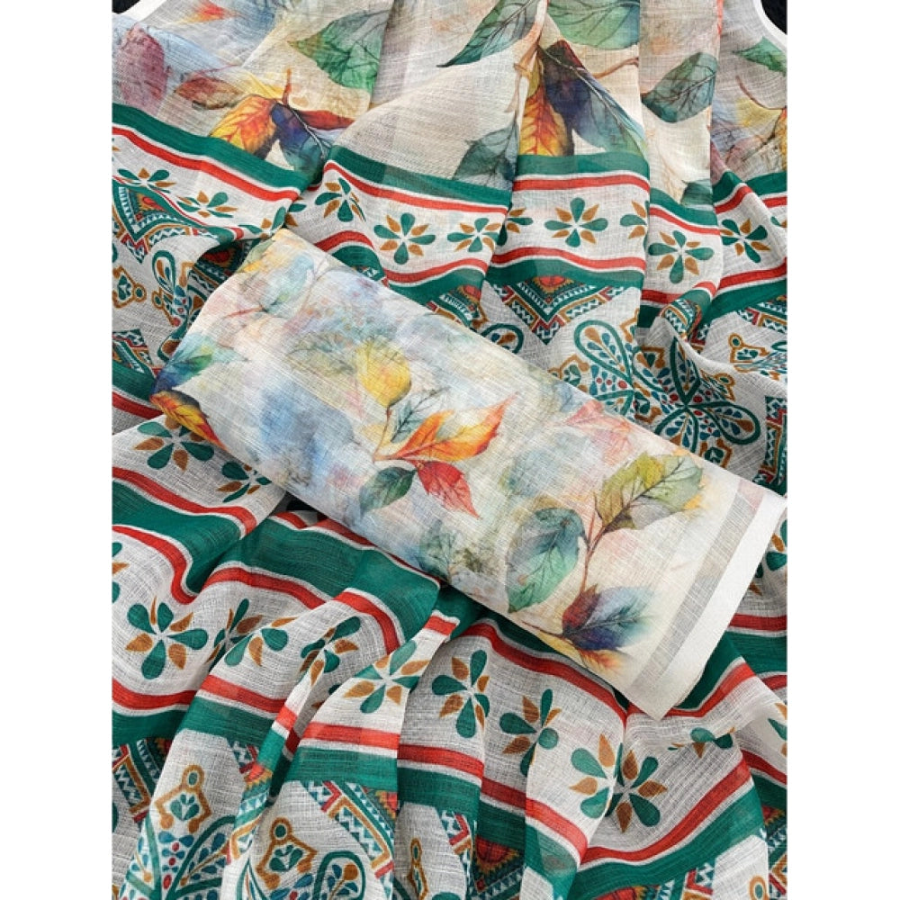 Generic Women's Linen Cotton  Printed Saree With Unstitched Blouse 5.5Mtr (Green)