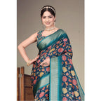 Generic Women's Cotton Silk  Printed Saree With Unstitched Blouse 5.5Mtr (Blue)