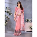 Generic Women's Linen Cotton  Printed Saree With Unstitched Blouse 5.5Mtr (Peach)