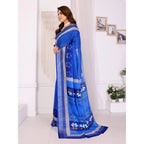 Generic Women's Linen Cotton  Printed Saree With Unstitched Blouse 5.5Mtr (Blue)