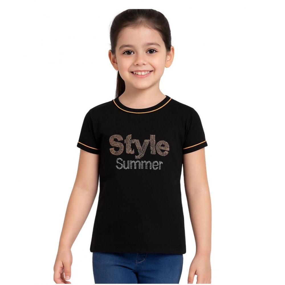 Generic Girl's Cotton Printeded Round Neck T-Shirt (Black)