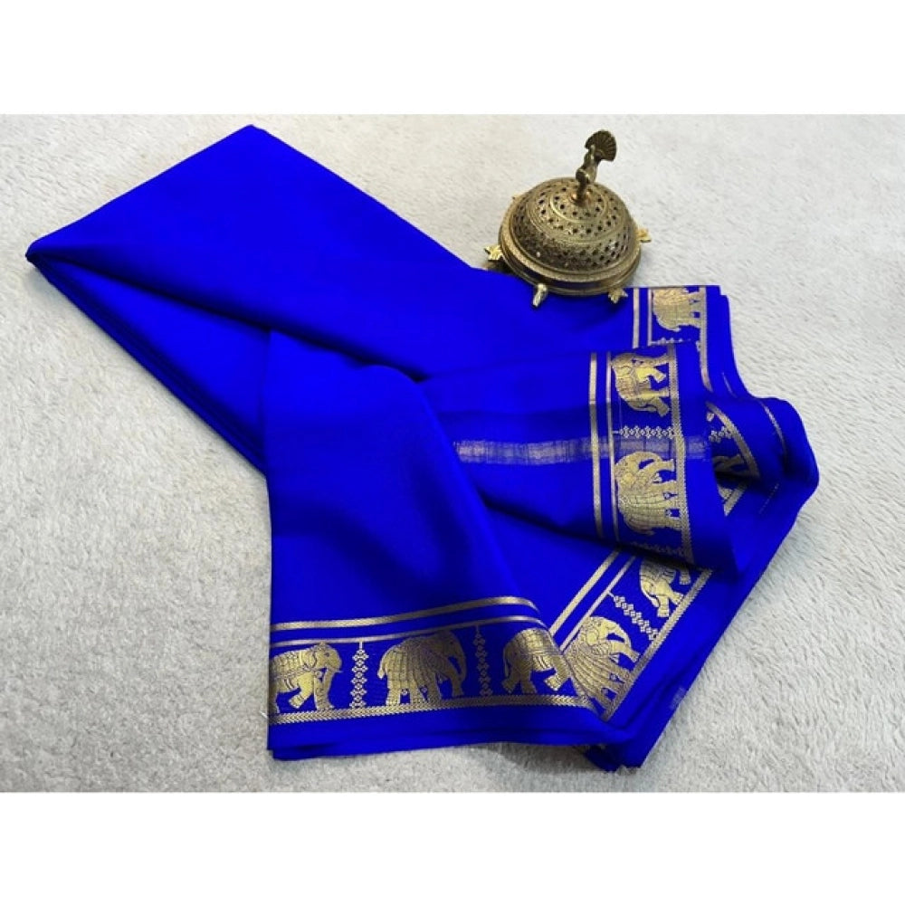 Generic Women's Crepe Chit Pallu Solid Saree With Unstitched Blouse 5.5Mtr (Navy Blue)