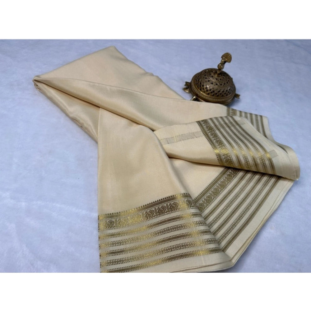 Generic Women's Crepe Chit Pallu Solid Saree With Unstitched Blouse 5.5Mtr (Beige)
