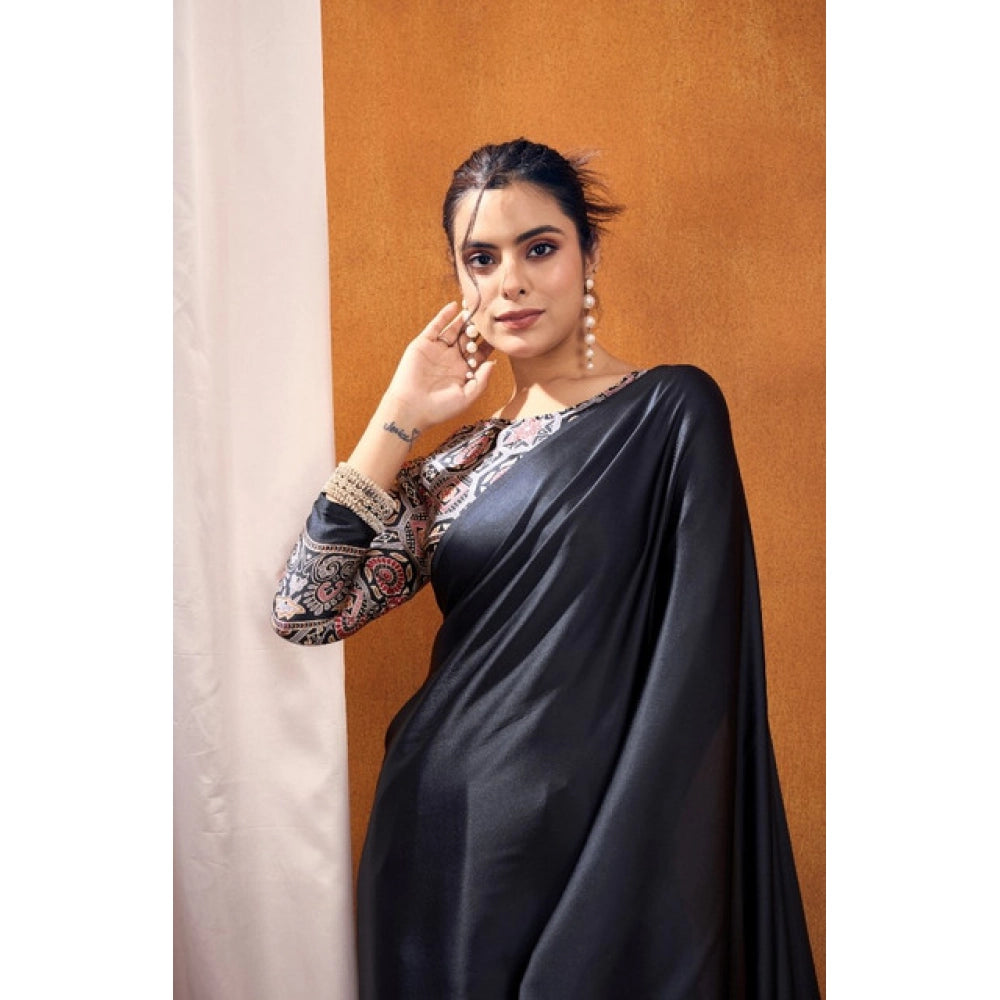 Generic Women's Satin Crepe Printed Saree With Unstitched Blouse 5.5Mtr (Black)