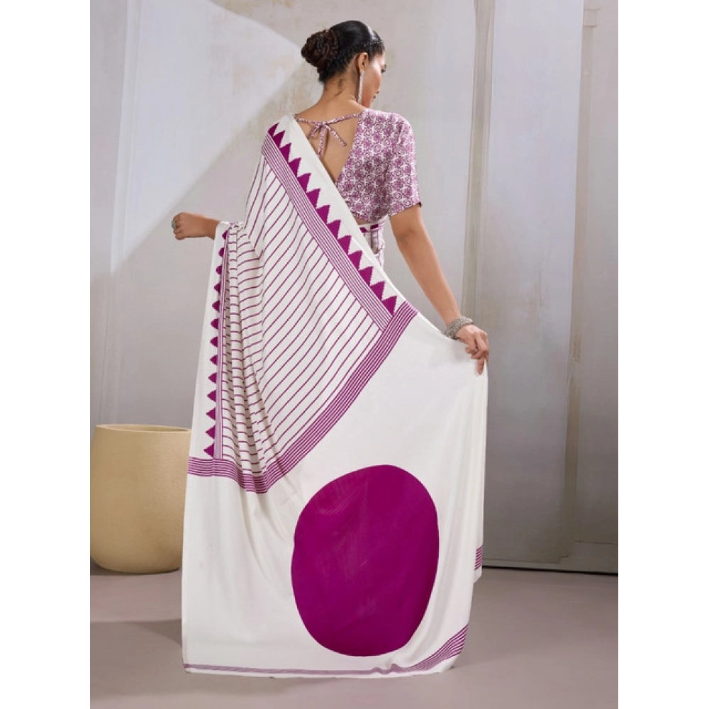 Generic Women's Satin Crepe Printed Saree With Unstitched Blouse 5.5Mtr (White)