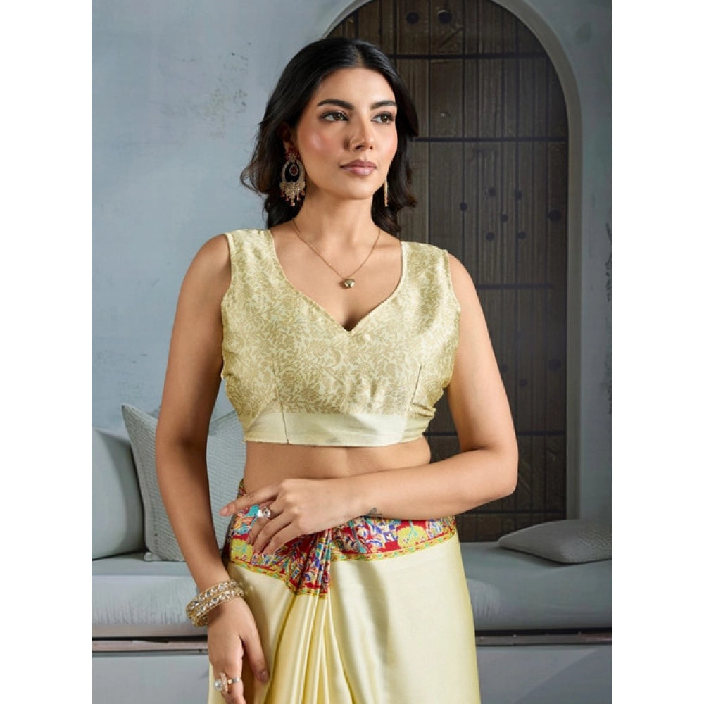 Generic Women's Satin Crepe Printed Saree With Unstitched Blouse 5.5Mtr (Cream)