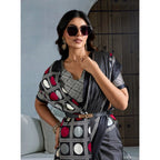 Generic Women's Satin Crepe Printed Saree With Unstitched Blouse 5.5Mtr (Black)
