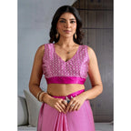 Generic Women's Satin Crepe Printed Saree With Unstitched Blouse 5.5Mtr (Pink)