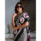 Generic Women's Satin Crepe Printed Saree With Unstitched Blouse 5.5Mtr (Black)